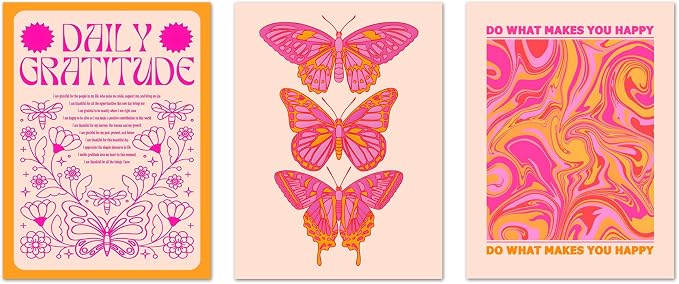 Poster set overview showing three portrait designs: Daily Gratitude florals, stacked butterflies, and a colorful psychedelic swirl print.