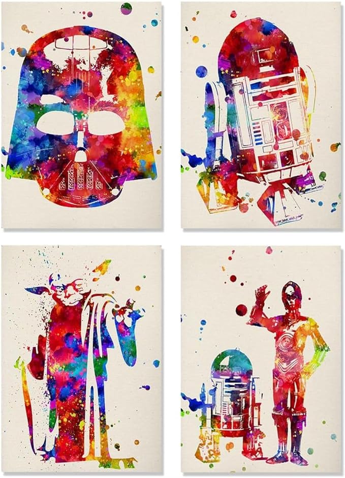 Set of four portrait poster designs featuring Darth Vader, R2-D2, Yoda and C-3PO with vivid paint splatters on off-white backgrounds.