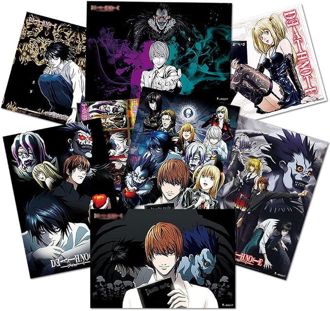 Death Note poster set overview showing eight dark anime designs with pale-faced characters, winged creatures, skull motifs, and vivid accents.