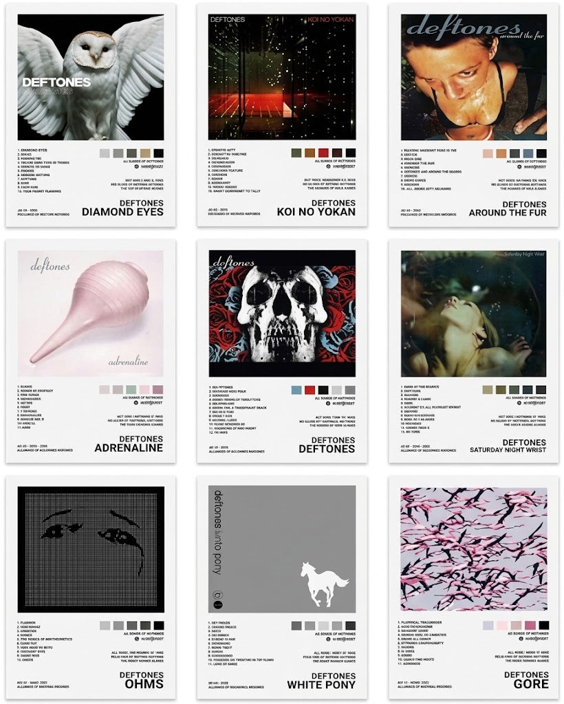 Deftones poster set overview showing nine portrait album designs in a 3-by-3 grid with cover art, track text, swatches, and bold titles.