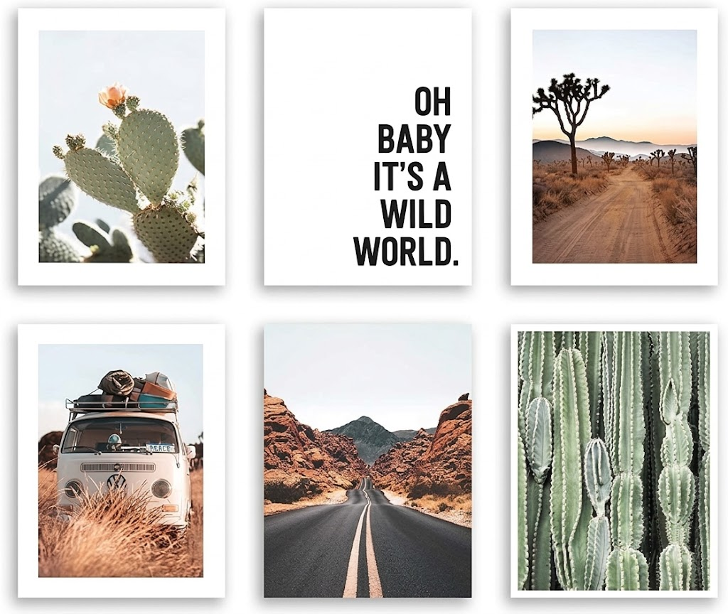 Desert road travel poster set of six portrait designs featuring cacti, Joshua trees, a vintage camper van, mountain highway and quote typography.