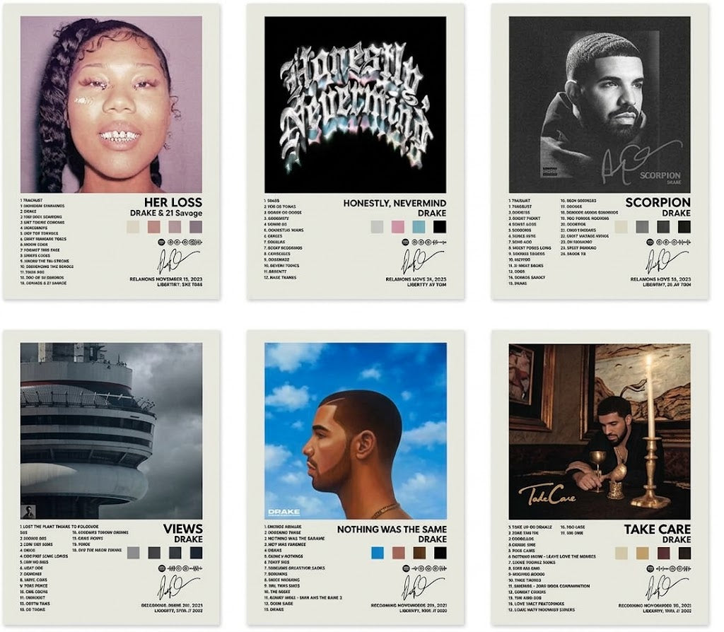 Drake album archive poster set of 6, shown as six portrait album-inspired designs in a two-by-three grid with track-list typography.