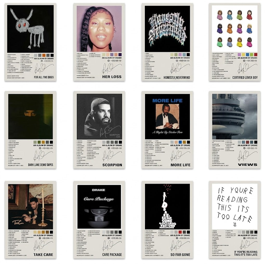 Drake album art poster set overview showing twelve portrait designs in a four-by-three grid with cover imagery, text blocks, and color swatches.