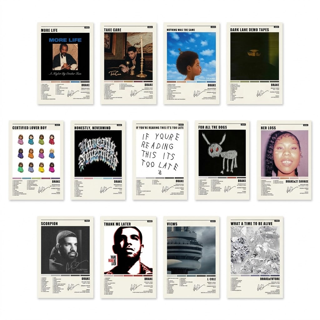 Drake poster set overview showing 13 cream-bordered album-cover-inspired designs arranged in three rows with titles, artwork panels, and color bars.