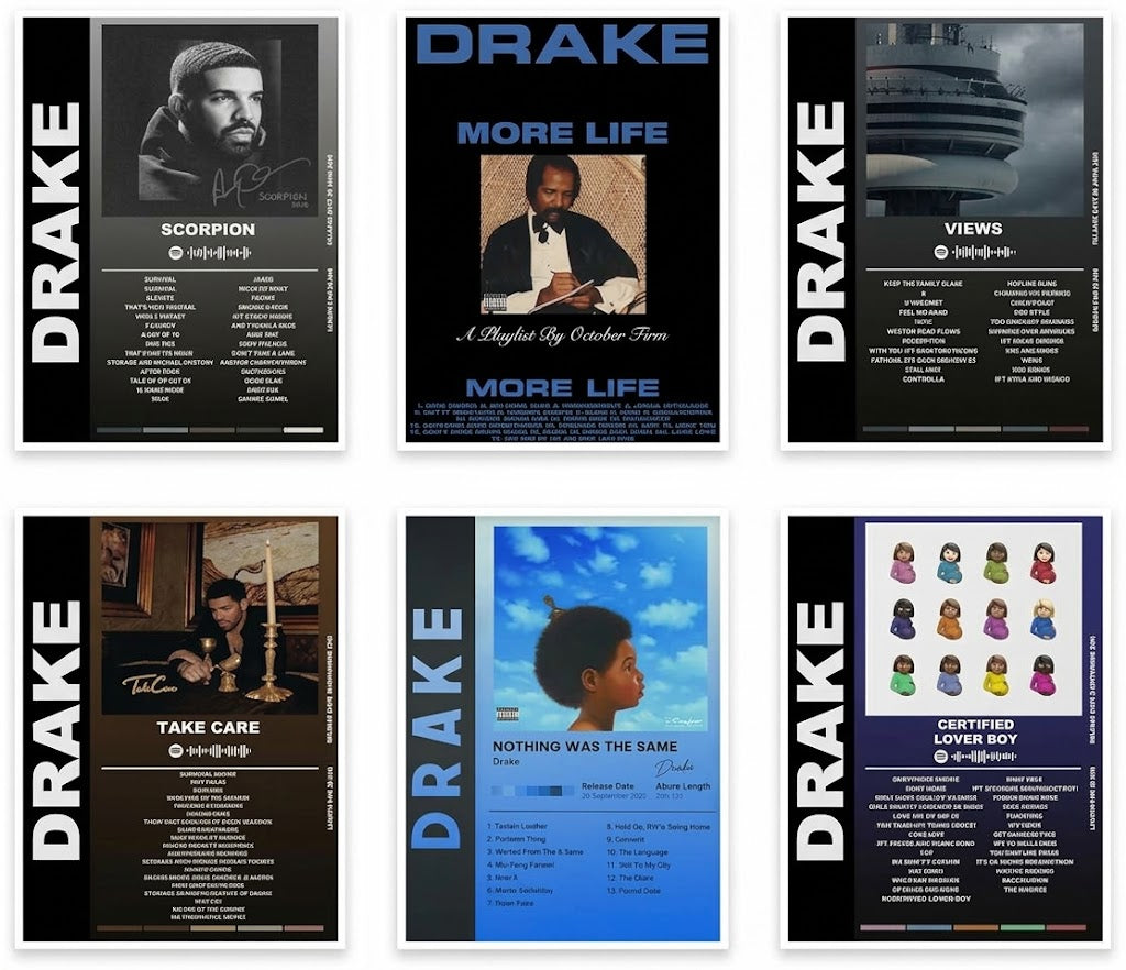 Poster print: Overview of a Drake set of 6 posters, with six portrait album-art layouts, vertical name panels, track lists and color bars.
