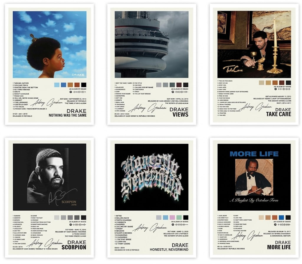 Drake album-inspired poster set overview showing six portrait designs with cover artwork, track lists, color swatches and bold titles.