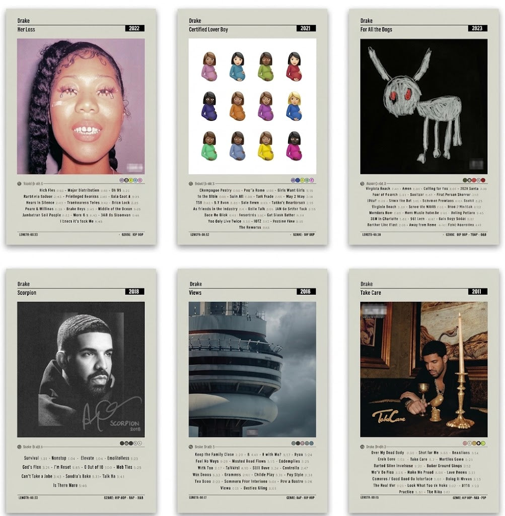 Drake poster set overview showing six individual portrait album-cover designs with square artwork, headers, and track-list text.