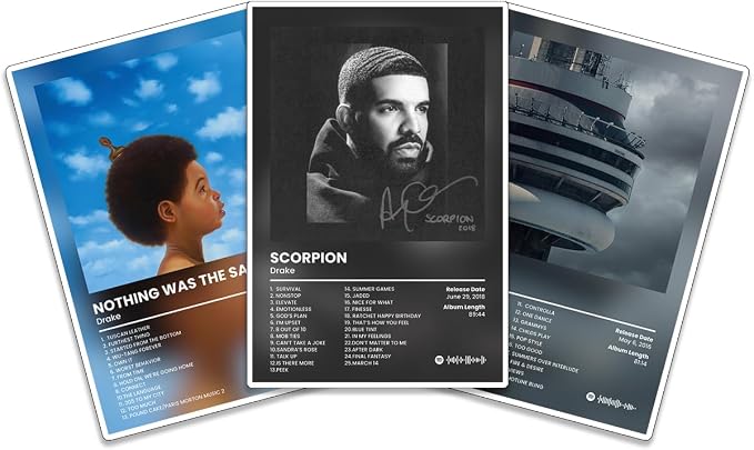 Drake album cover poster set of three showing the blue Nothing Was the Same portrait, monochrome Scorpion portrait, and Views tower design.