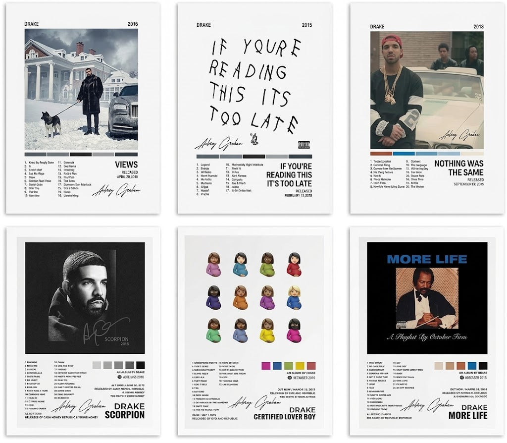 Overview of the Drake album-era poster set of six portrait designs with cover imagery, track lists, dates, signatures, and color swatches.