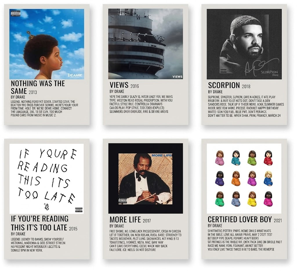 Drake album typography poster set overview showing six vertical designs for Nothing Was the Same, Views, Scorpion, More Life and more.