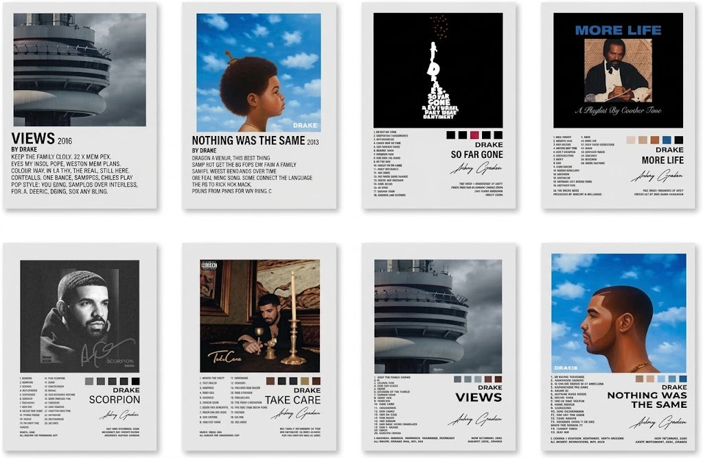Drake poster set overview showing eight portrait album-inspired typographic designs with cover images, track lists and color swatches.