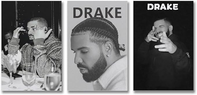 Poster print: Drake set of three black-and-white portrait posters showing a restaurant-table candid, close side profile, and dark full-body pose.
