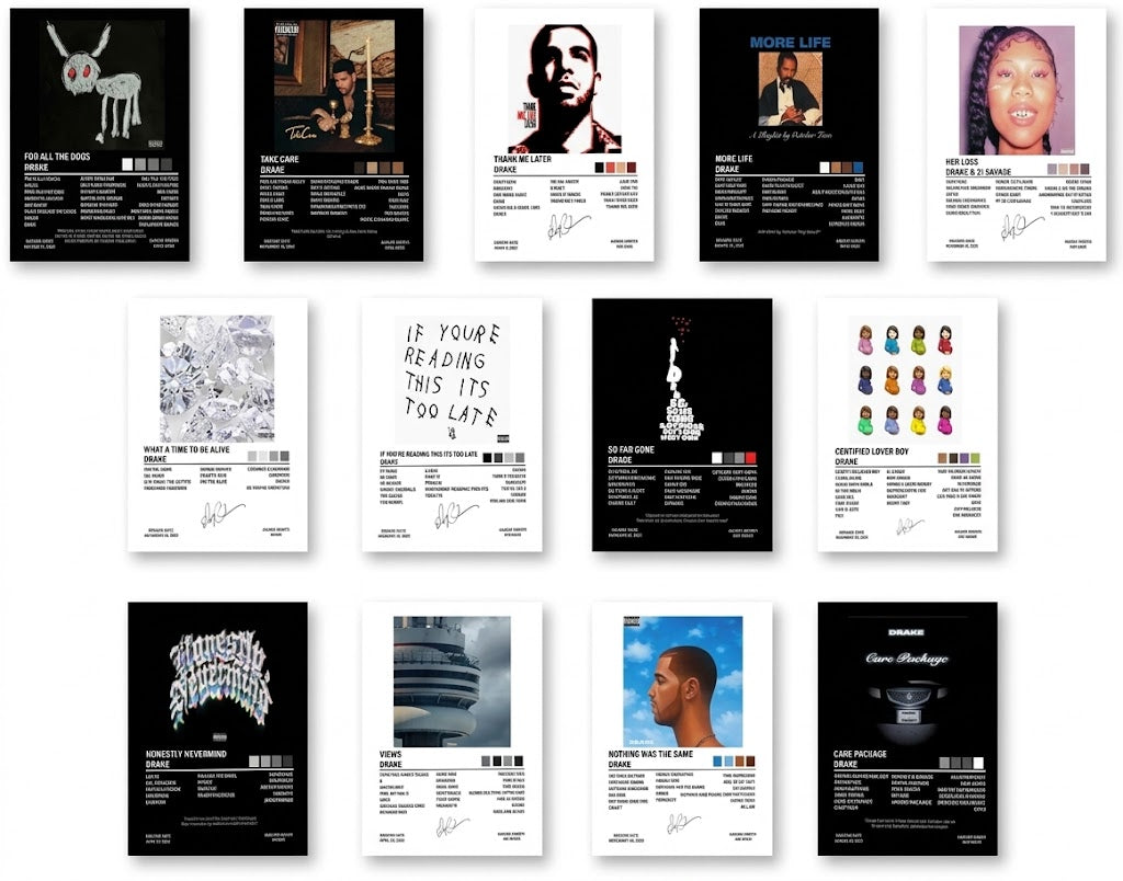 Drake discography poster set overview showing 13 portrait album and mixtape cover designs with tracklist-style text and palette swatches.