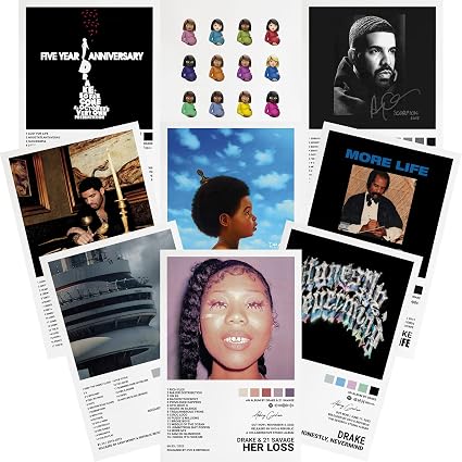 Drake set of nine poster designs shown as an overlapping collection of portrait graphics, album-style artwork, and editorial typography in dark tones.