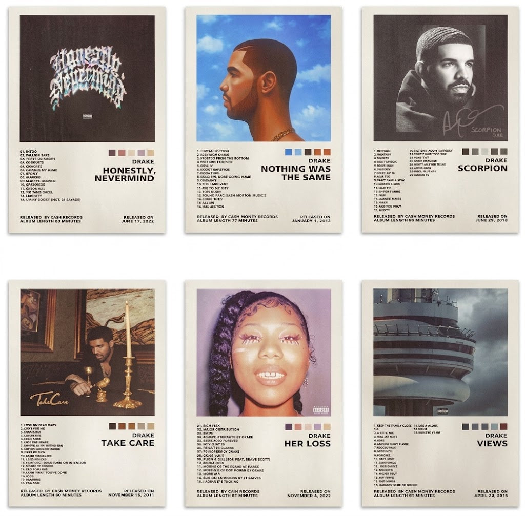 Poster print: Drake set of six posters shown together, with album cover art, track lists, release details, color swatches, and bold typographic panels.