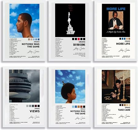 Drake poster set overview showing six white-bordered portrait designs with album imagery, black tracklist-style text, titles, and signature-like marks.
