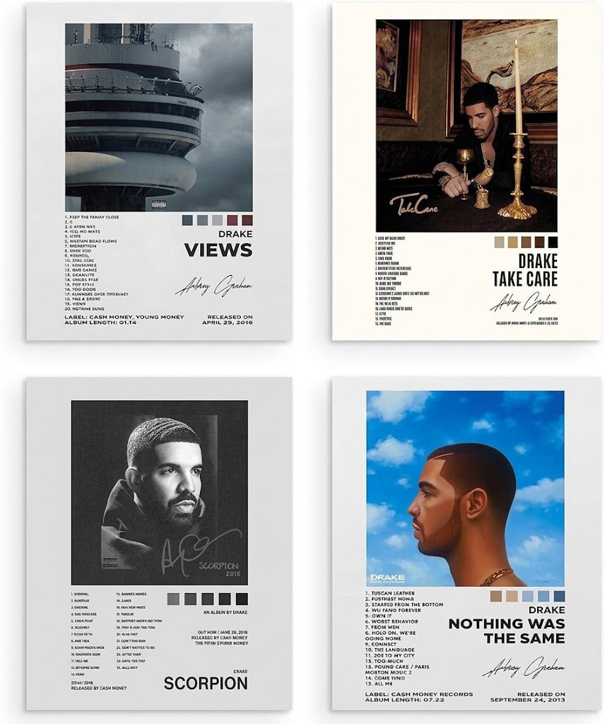 Poster-set overview of four Drake album-art posters featuring the Views tower, Take Care table scene, Scorpion portrait, and Nothing Was the Same clouds.
