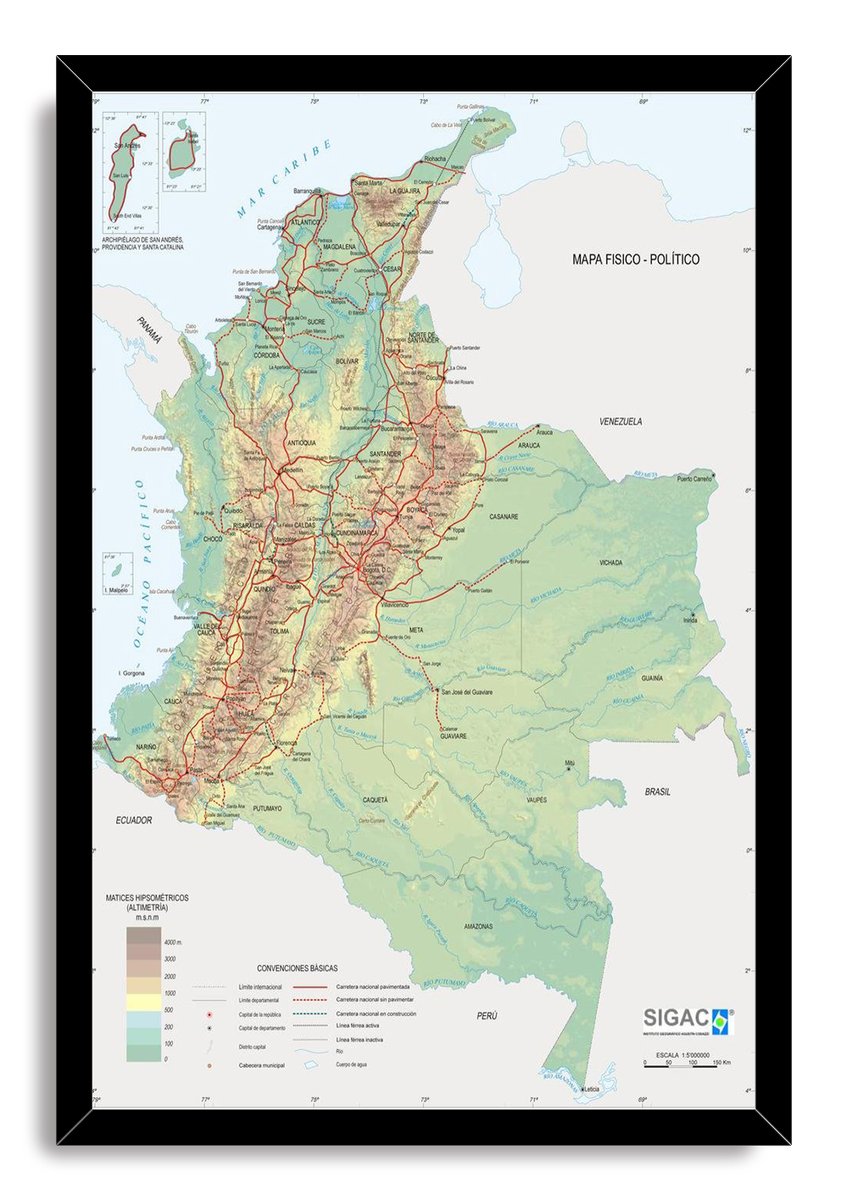 Colombia Physical-Political Map Decorative Painting (paper and canvas) art poster printing print