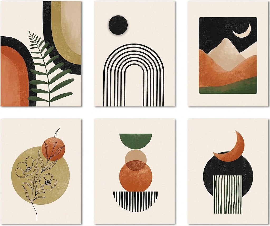 Earthy abstract boho poster set overview showing six portrait designs with arches, plants, mountains, moons, flowers, and geometric shapes.