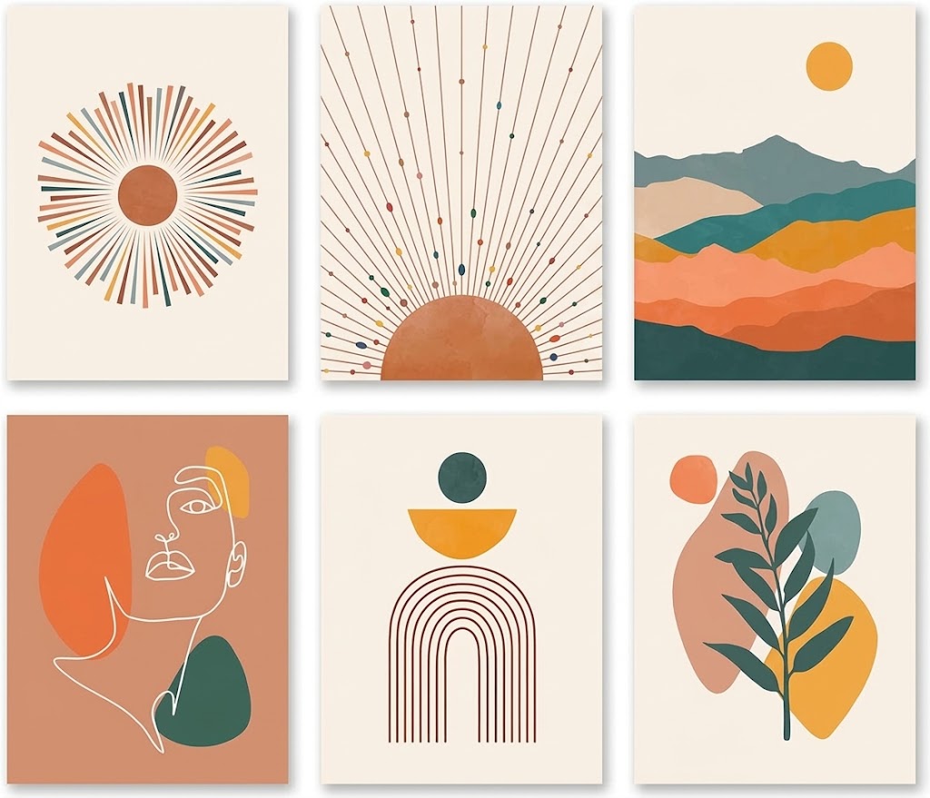 Poster set overview showing six portrait abstract designs with suns, mountains, a line-drawn face, arch and leafy branch.