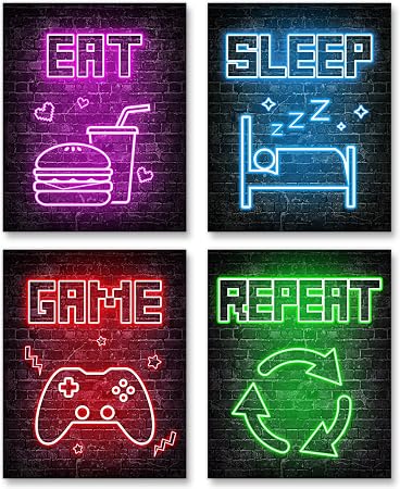 Eat Sleep Game Repeat neon poster set of four square designs with food, bed, controller, and repeat-arrow icons on brick walls.