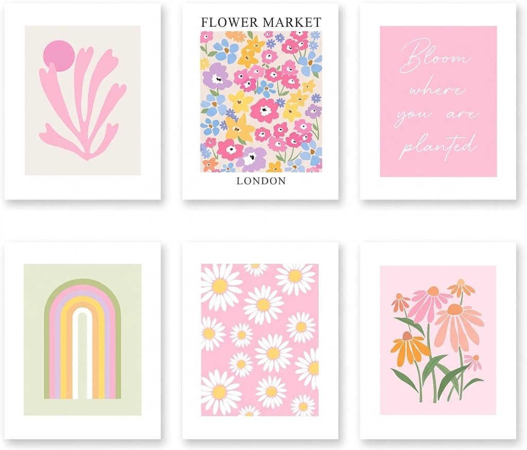 Poster set overview showing six portrait botanical designs with pastel flowers, floral text, a pink abstract form, and a rainbow arch.