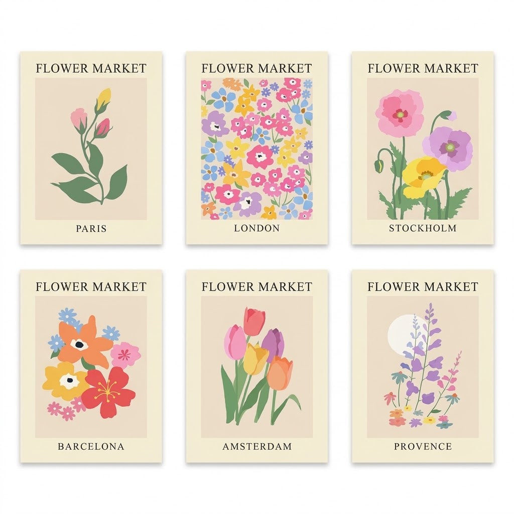 Flower Market Cities set of 6 poster overview showing six cream-bordered botanical designs for Paris, London, Stockholm, Barcelona, Amsterdam and Provence.