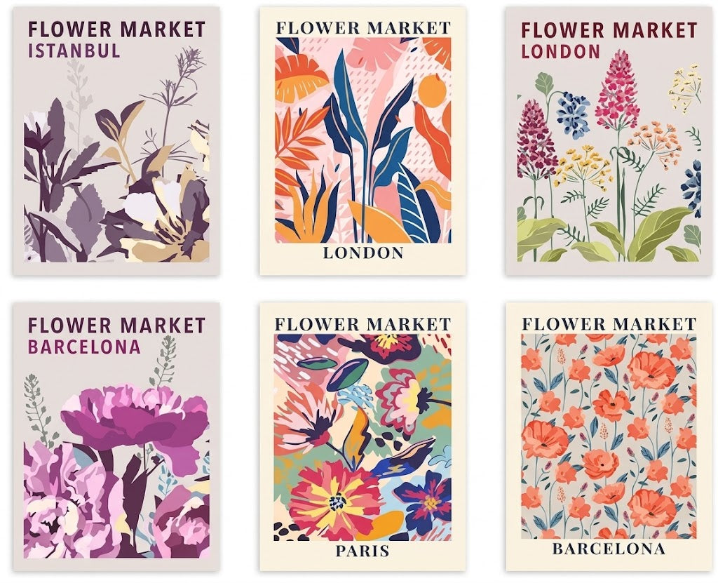 Flower Market city botanicals set of six poster overview showing six portrait floral designs with colorful flowers and city typography.