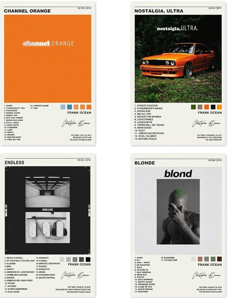 Frank Ocean poster set overview showing four portrait album-inspired designs with cream borders, bold typography, color fields, and tracklist-style details.