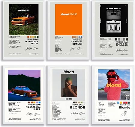 Frank Ocean set of six poster overview showing portrait, sports car, orange field and architectural album-art-inspired designs in a grid.