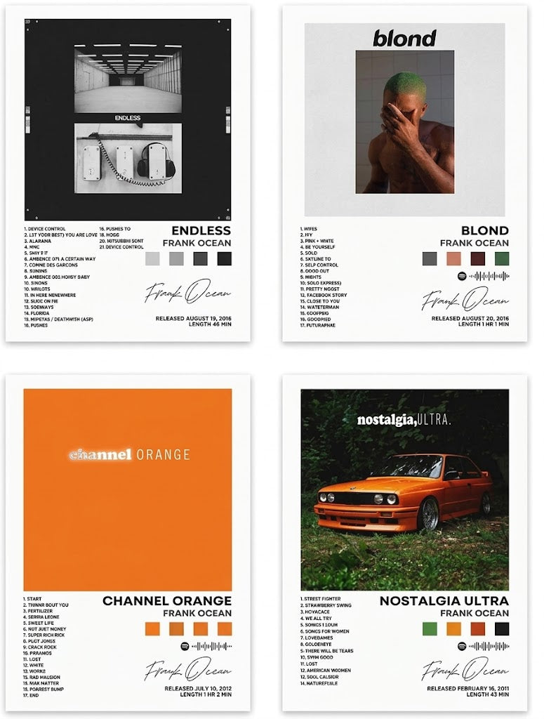 Poster set overview showing four Frank Ocean alternative album-cover designs with photographic panels, track lists, color swatches and white borders.
