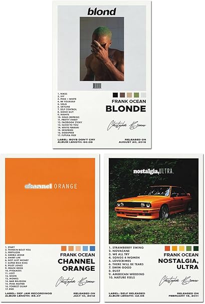 Frank Ocean poster set overview showing three minimalist Blonde, Channel Orange, and Nostalgia, Ultra designs in a staggered two-over-one arrangement.