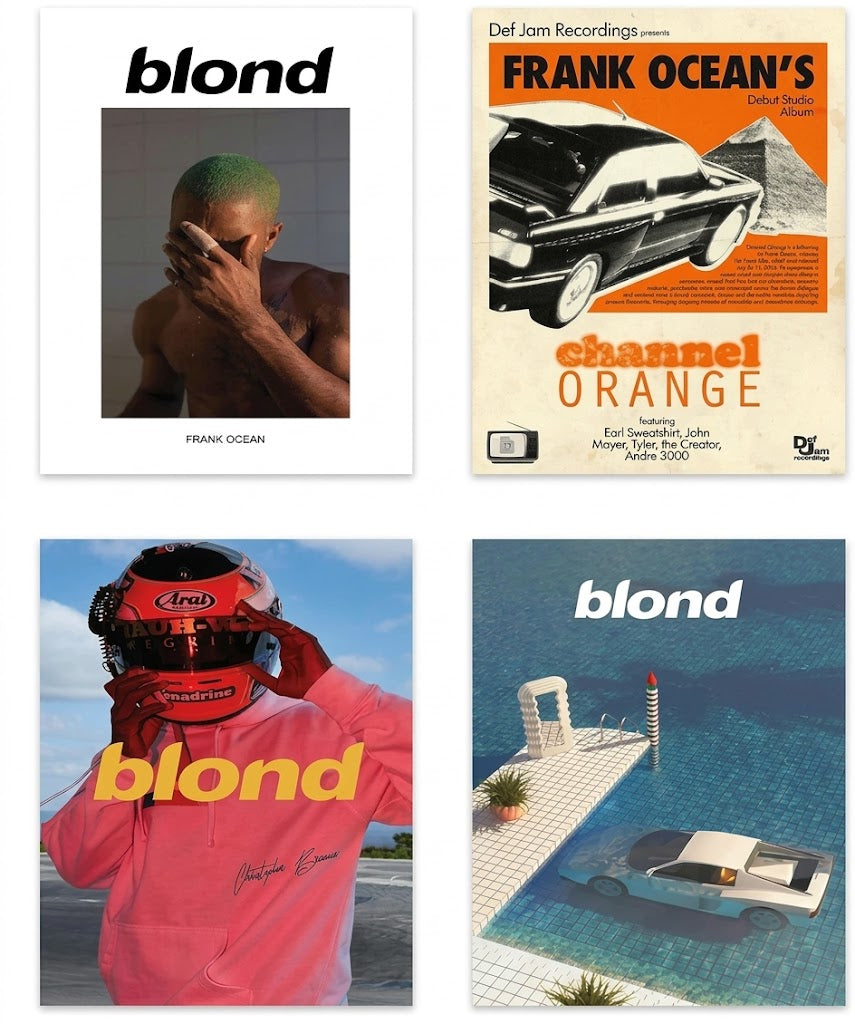 Overview of a four-piece Frank Ocean poster set with a Blond shower portrait, car and pyramids, pink hooded figure, and pool car.