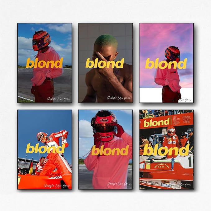 Overview of the Frank Ocean Blond poster set with six vertical racing-inspired designs, yellow lettering, and a green-haired figure.