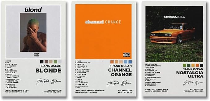 Frank Ocean poster set overview with three portrait designs for Blonde, channel ORANGE and nostalgia, ULTRA., shown together in gray, orange and black.