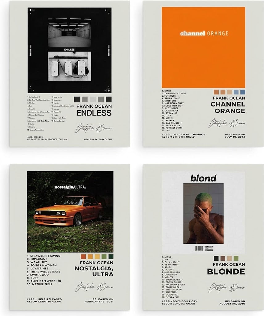 Frank Ocean poster set overview showing four portrait album-design prints for nostalgia, ULTRA., channel ORANGE, Endless and Blonde in a 2-by-2 grid.