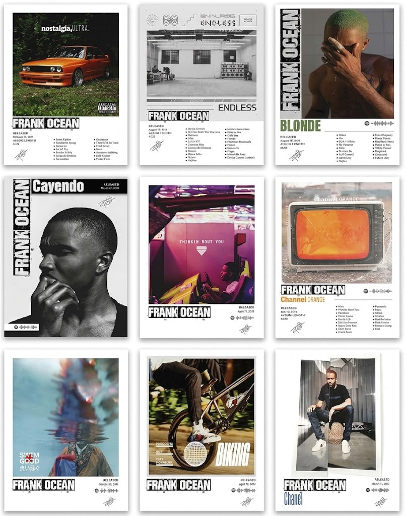Poster print: Overview of a Frank Ocean set of nine portrait music posters with editorial typography, portraits, an orange car, television, bicycle, and reflections.