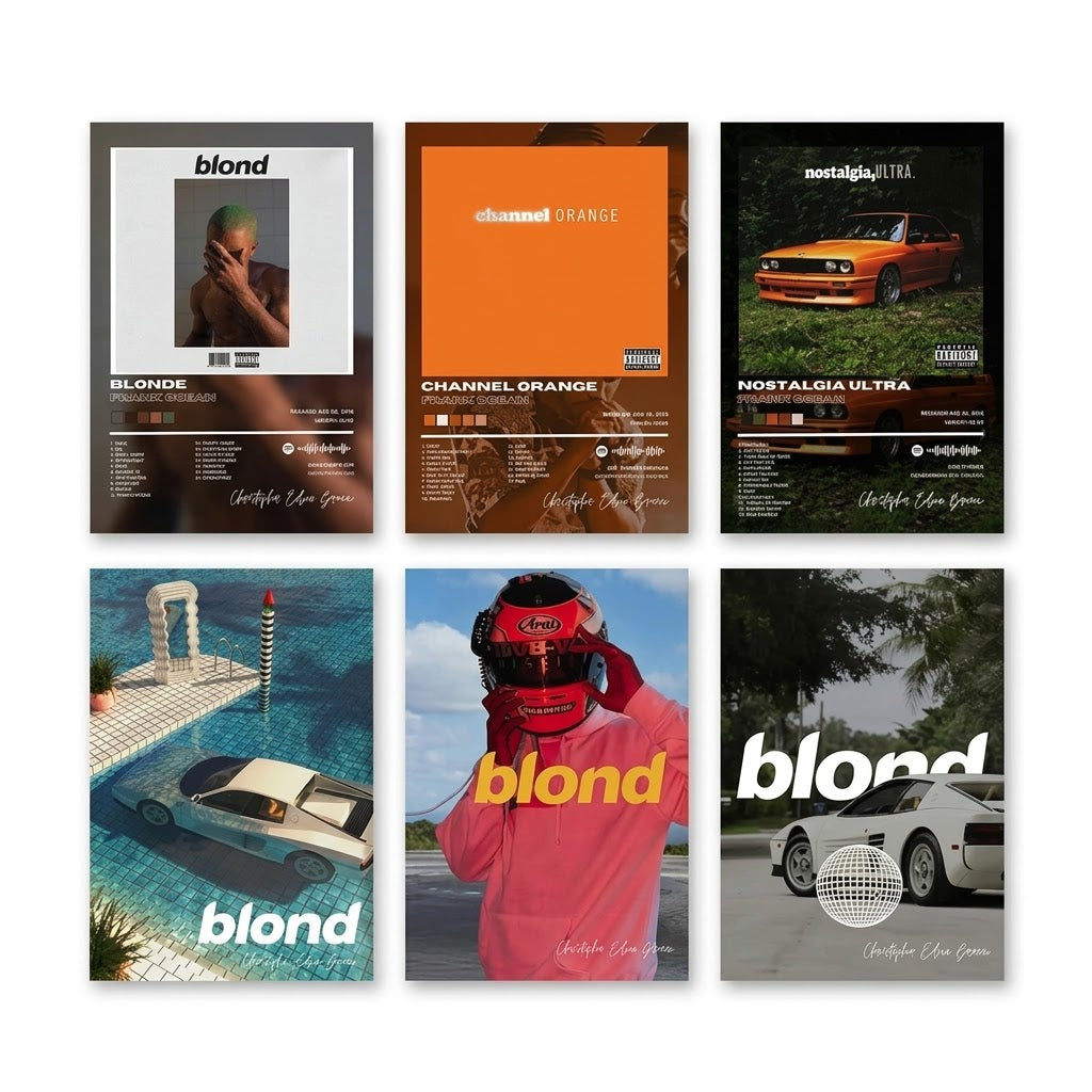 Overview of a six-piece Frank Ocean poster set featuring album-style typography, cars, a swimming pool and a helmeted figure.