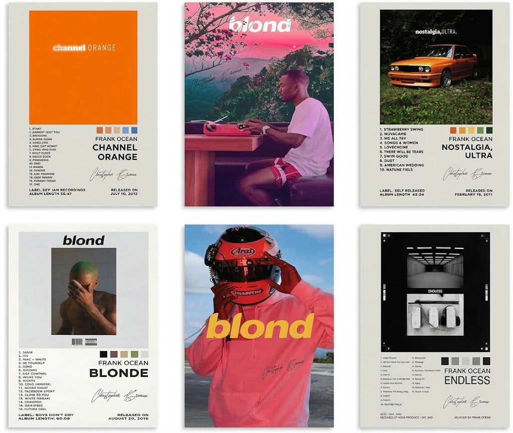 Frank Ocean poster set overview showing six vertical album-inspired designs with portraits, track lists, a car and a helmeted figure.