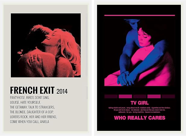 Set of two French Exit and Who Really Cares poster designs, showing embracing couples in coral, cream, deep blue, and magenta album-cover layouts.