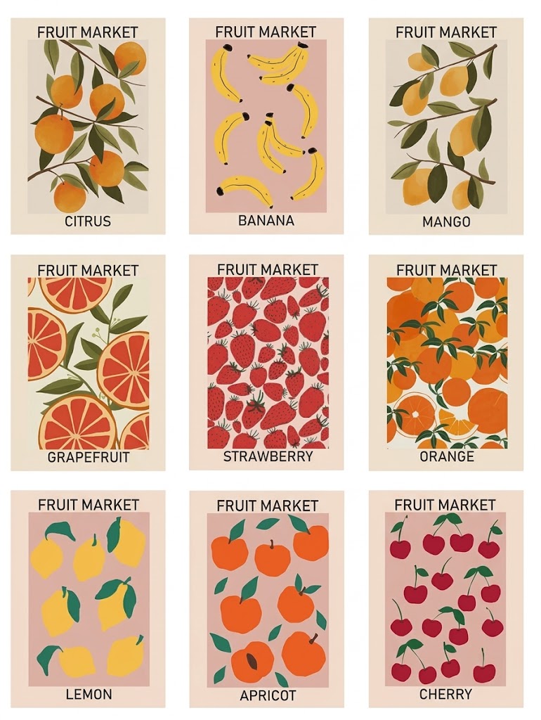 Overview of the Fruit Market poster set, showing nine separate portrait fruit designs for citrus, banana, mango, grapefruit, strawberry, orange, lemon, apricot, and cherry.