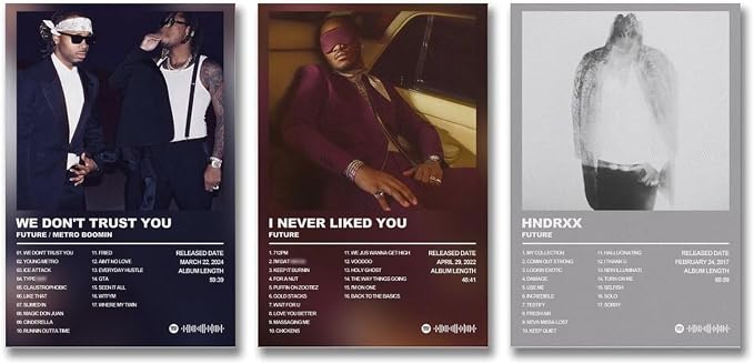 Future Set of 3 poster overview showing three vertical grainy portrait designs with album-style titles, track lists, and dark editorial typography.