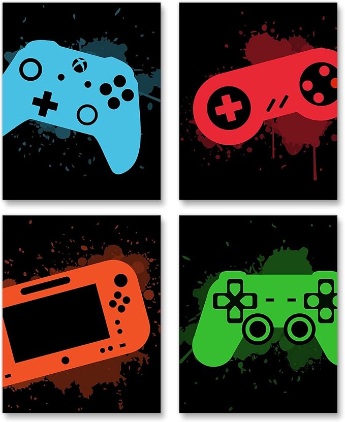 Poster set overview showing four vertical gaming controller designs in cyan, red, orange, and green on black splatter backgrounds.