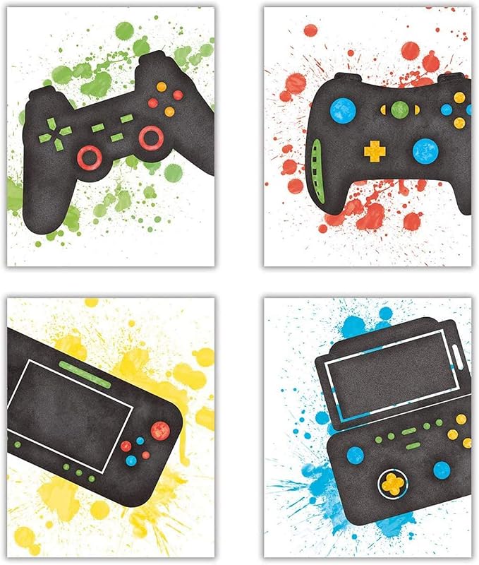 Gaming controller poster set overview showing six portrait prints with black consoles and colorful paint-splatter fields.