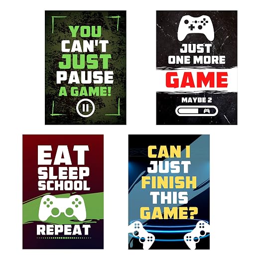 Poster set overview showing four portrait gaming typography posters with white controller icons, bold phrases, and red, blue, green, and dark backgrounds.