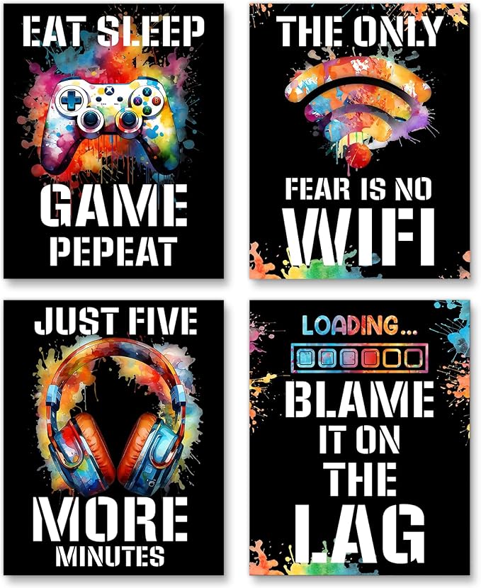 Gaming typography poster set overview showing four black portrait designs with a controller, Wi-Fi icon, headphones, and loading bar.