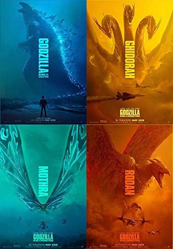 Godzilla: King of the Monsters poster set overview showing four vertical character designs for Godzilla, Ghidorah, Mothra, and Rodan.