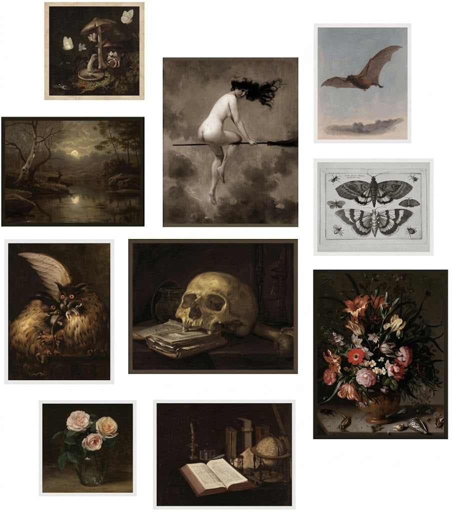 Gothic curiosities poster set overview showing ten vintage-style prints with fungi, butterflies, owls, flowers, books, and dark still lifes.