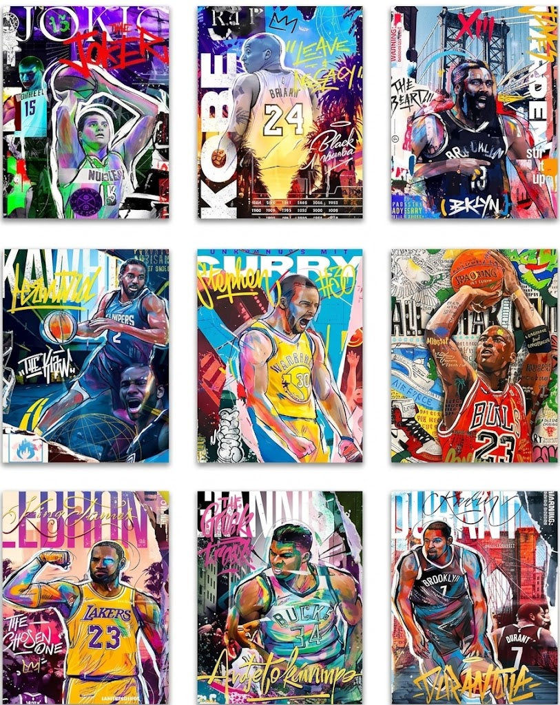 Overview of a set of nine basketball poster designs featuring NBA athletes in uniform with graffiti collage, bold names, and colorful urban textures.