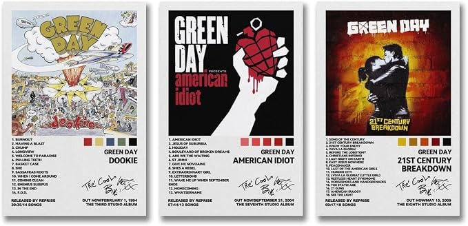 Green Day poster set overview showing three portrait album-art designs for Dookie, American Idiot and 21st Century Breakdown with track lists.